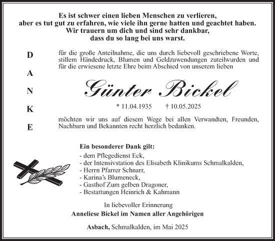 Traueranzeige von Günter Bickel von Südthüringer Presse