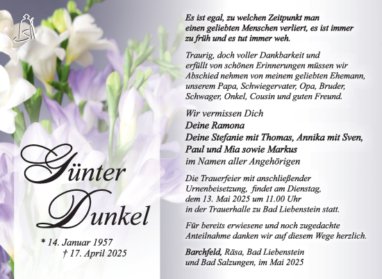 Traueranzeige von Günter Dunkel von Südthüringer Presse