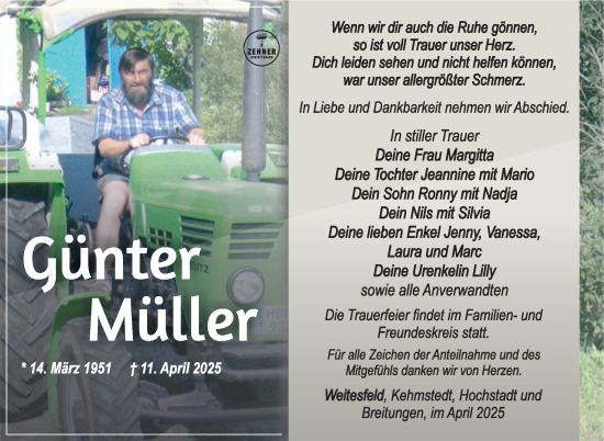 Traueranzeige von Günter Müller von Südthüringer Presse
