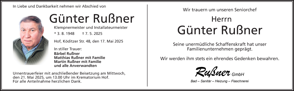  Traueranzeige für Günter Rußner vom 17.05.2025 aus Frankenpost