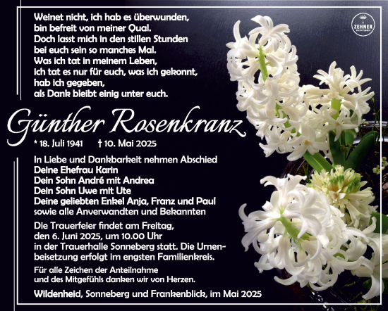 Traueranzeige von Günther Rosenkranz von Südthüringer Presse