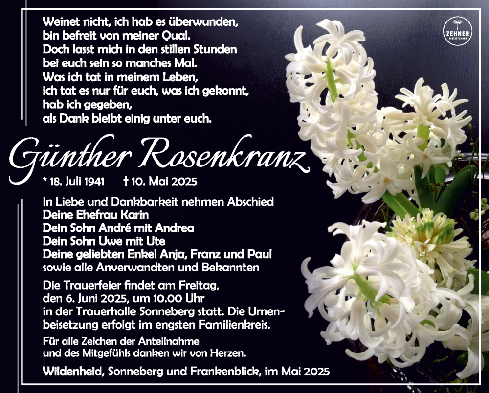  Traueranzeige für Günther Rosenkranz vom 31.05.2025 aus Südthüringer Presse