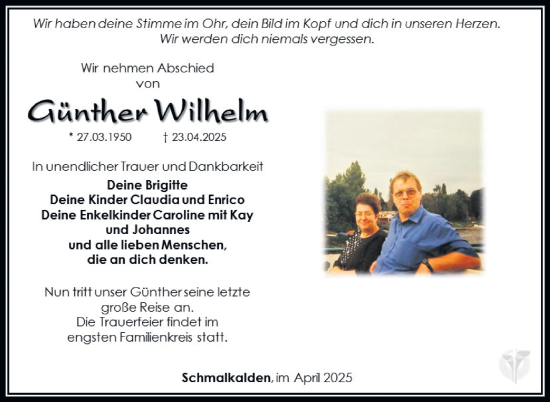 Traueranzeige von Günther Wilhelm von Südthüringer Presse