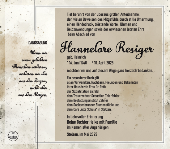 Traueranzeige von Hannelore Resiger von Südthüringer Presse