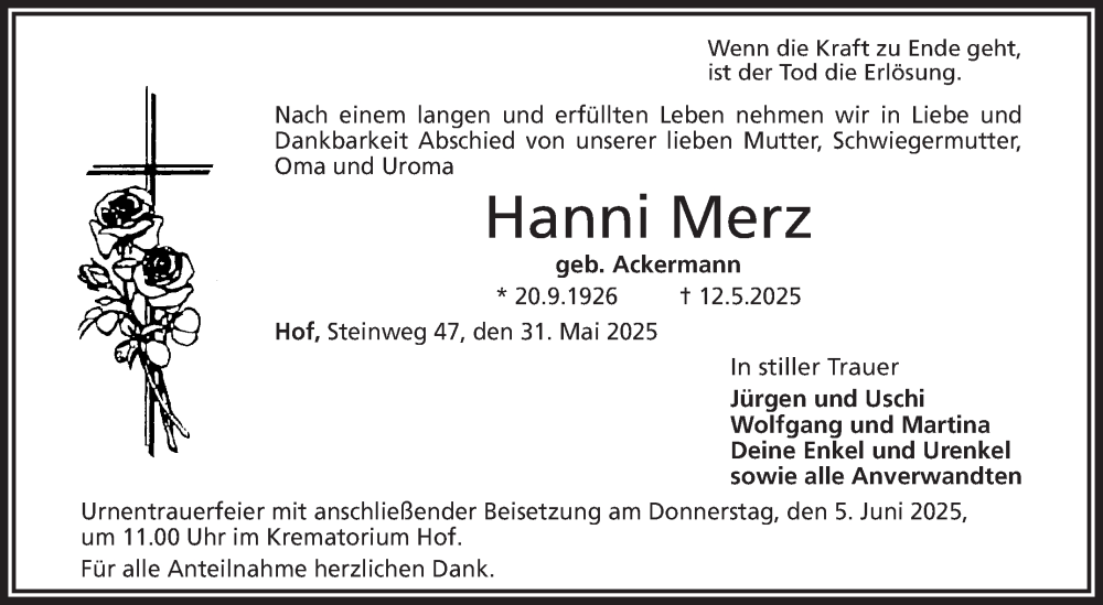  Traueranzeige für Hanni Merz vom 31.05.2025 aus Frankenpost