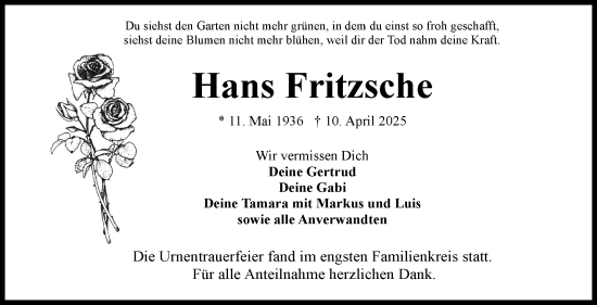 Traueranzeige von Hans Fritzsche von Frankenpost