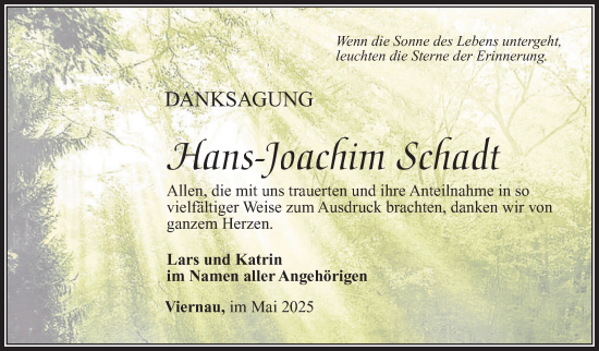 Traueranzeige von Hans-Joachim Schadt von Südthüringer Presse