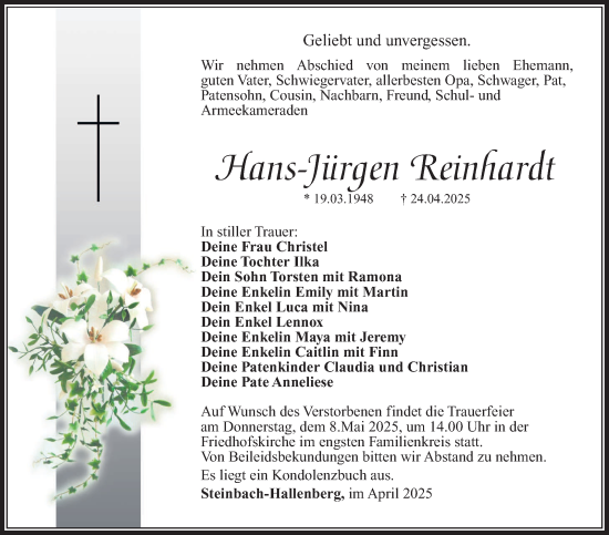 Traueranzeige von Hans-Jürgen Reinhardt von Südthüringer Presse