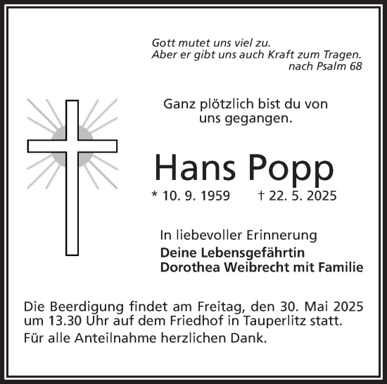Traueranzeige von Hans Popp von Frankenpost