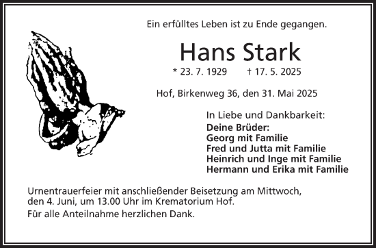 Traueranzeige von Hans Stark von Frankenpost
