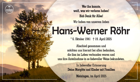 Traueranzeige von Hans-Werner Röhr von Südthüringer Presse