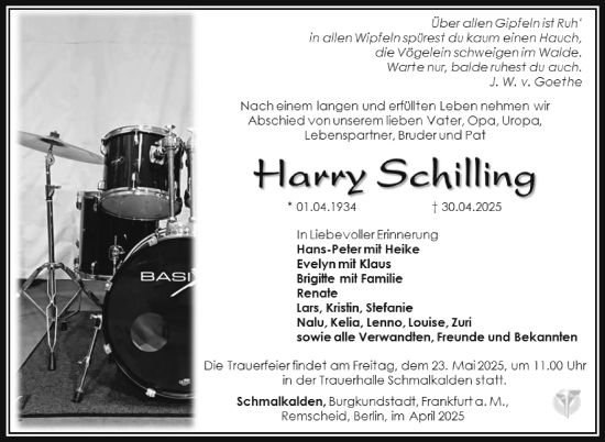Traueranzeige von Harry Schilling von Südthüringer Presse