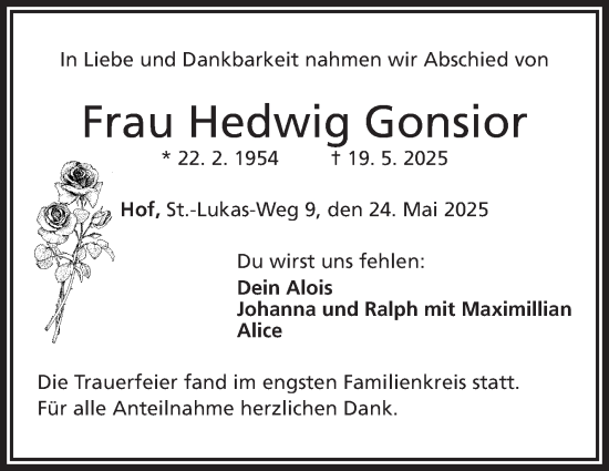 Traueranzeige von Hedwig Gonsior von Frankenpost