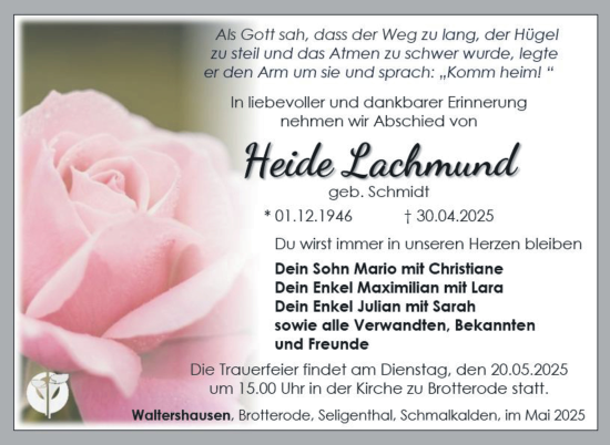 Traueranzeige von Heide Lachmund von Südthüringer Presse