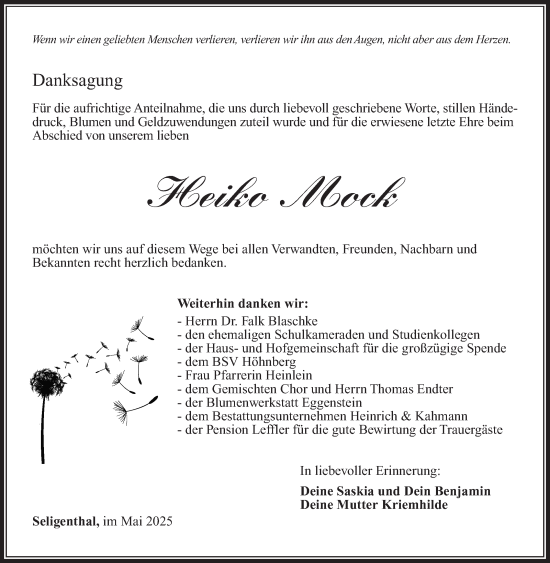 Traueranzeige von Heiko Mock von Südthüringer Presse