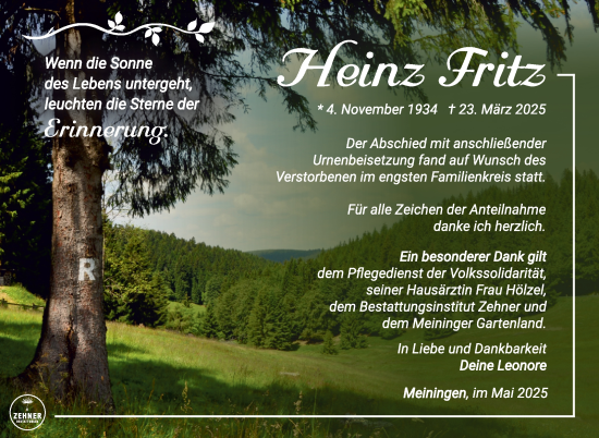 Traueranzeige von Heinz Fritz von Südthüringer Presse