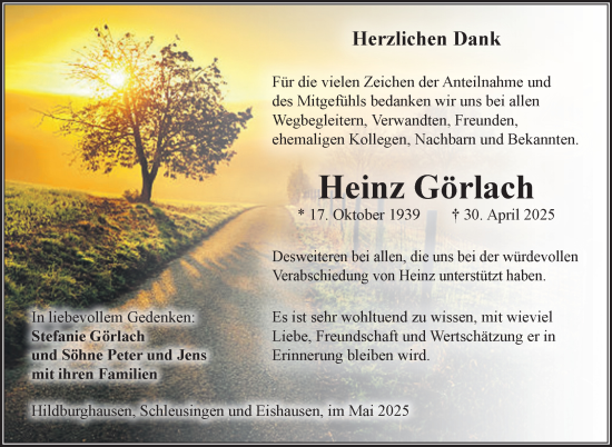 Traueranzeige von Heinz Görlach von Südthüringer Presse