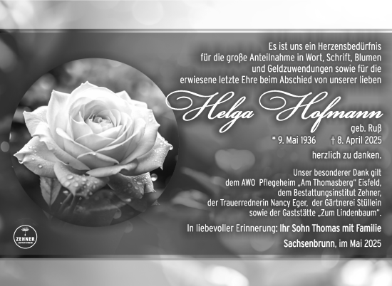 Traueranzeige von Helga Hofmann von Südthüringer Presse