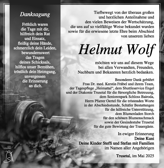 Traueranzeige von Helmut Wolf von Südthüringer Presse