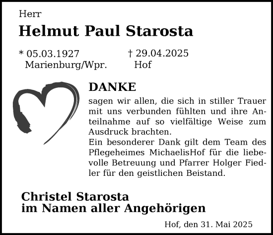 Traueranzeige von Helmut Paul Starosta von Frankenpost