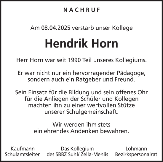 Traueranzeige von Hendrik Horn von Südthüringer Presse