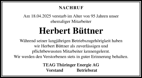 Traueranzeige von Herbert Büttner von Südthüringer Presse