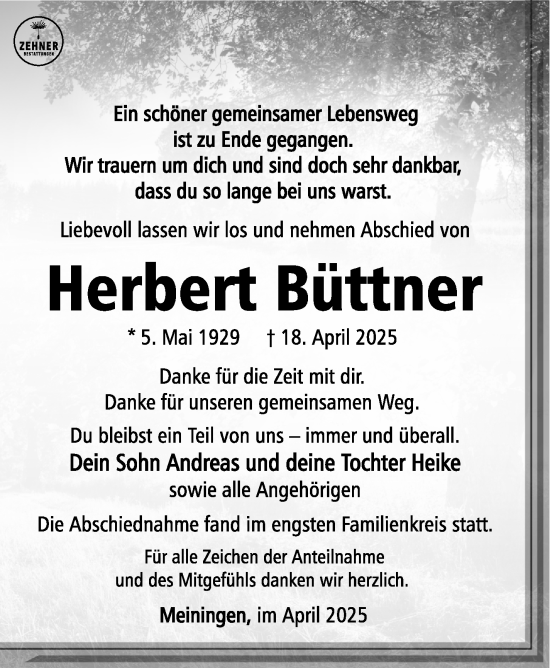 Traueranzeige von Herbert Büttner von Südthüringer Presse