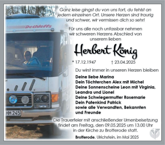 Traueranzeige von Herbert König von Südthüringer Presse