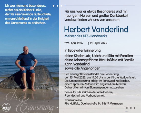 Traueranzeige von Herbert Vonderlind von Südthüringer Presse