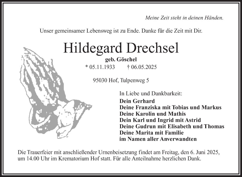  Traueranzeige für Hildegard Drechsel vom 24.05.2025 aus Frankenpost