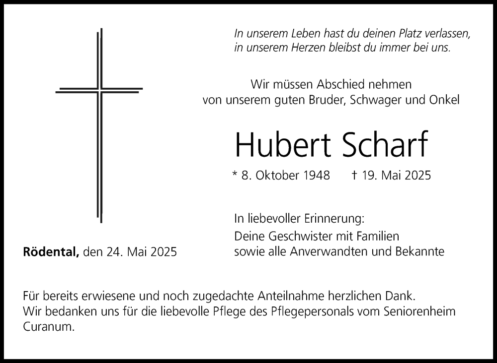  Traueranzeige für Hubert Scharf vom 24.05.2025 aus Neue Presse Coburg