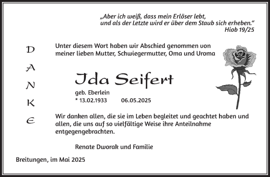Traueranzeige von Ida Seifert von Südthüringer Presse