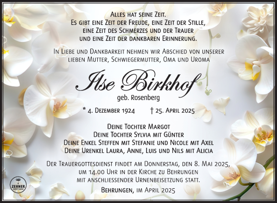 Traueranzeige von Ilse Birkhof von Südthüringer Presse