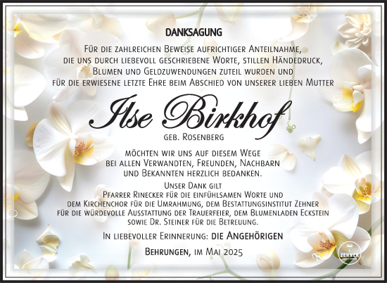 Traueranzeige von Ilse Birkhof von Südthüringer Presse