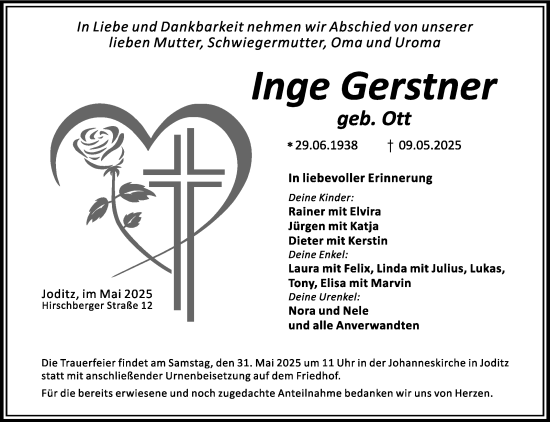 Traueranzeige von Inge Gerstner von Frankenpost