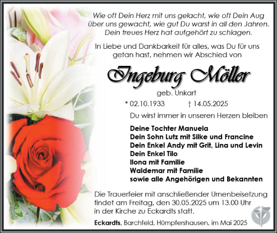 Traueranzeige von Ingeburg Möller von Südthüringer Presse