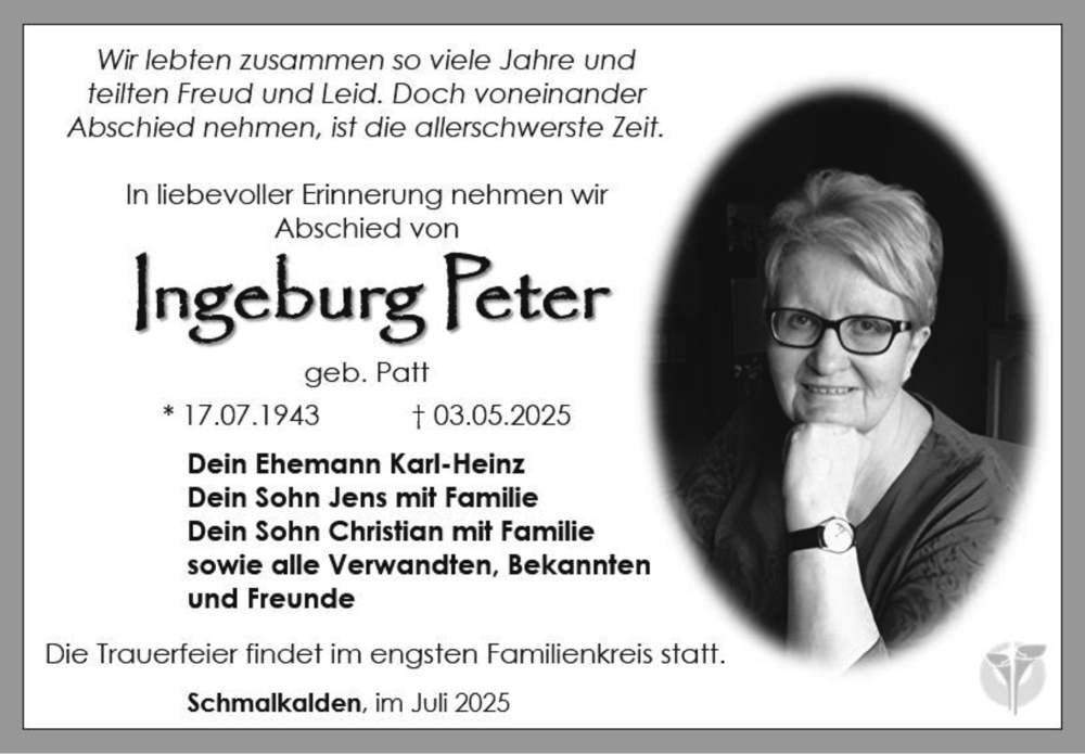  Traueranzeige für Ingeburg Peter vom 17.05.2025 aus Südthüringer Presse