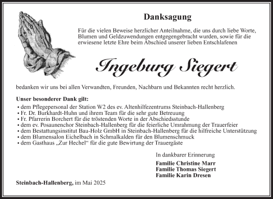 Traueranzeige von Ingeburg Siegert von Südthüringer Presse