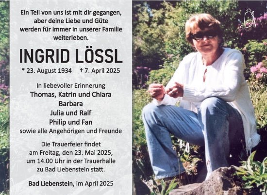 Traueranzeige von Ingrid Lössl von Südthüringer Presse
