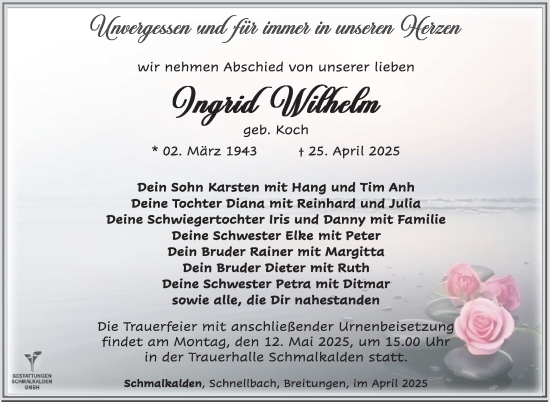 Traueranzeige von Ingrid Wilhelm von Südthüringer Presse