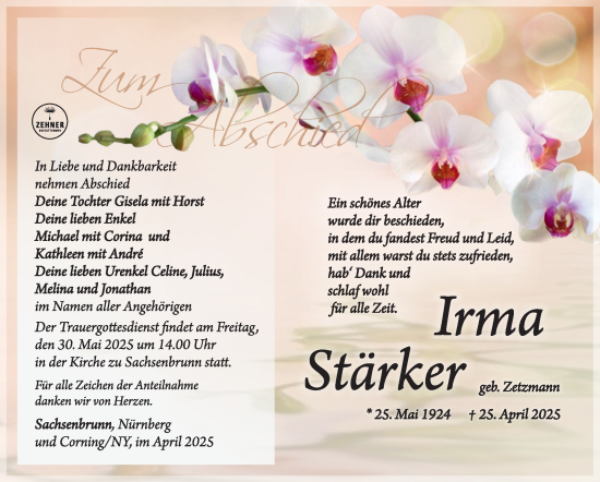 Traueranzeige von Irma Stärker von Südthüringer Presse