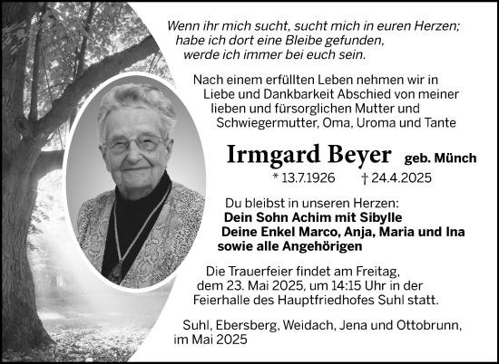 Traueranzeige von Irmgard Beyer von Südthüringer Presse
