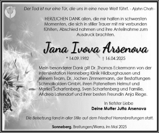 Traueranzeige von Jana Ivova Arsenova von Südthüringer Presse