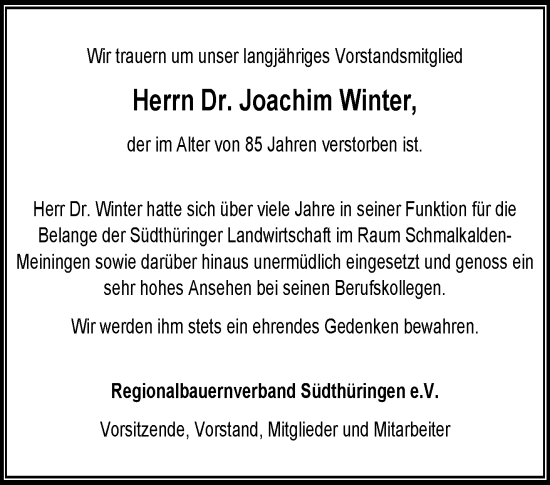 Traueranzeige von Joachim Winter von Südthüringer Presse
