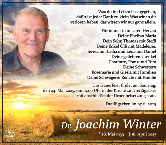 Traueranzeige von Joachim Winter von Südthüringer Presse