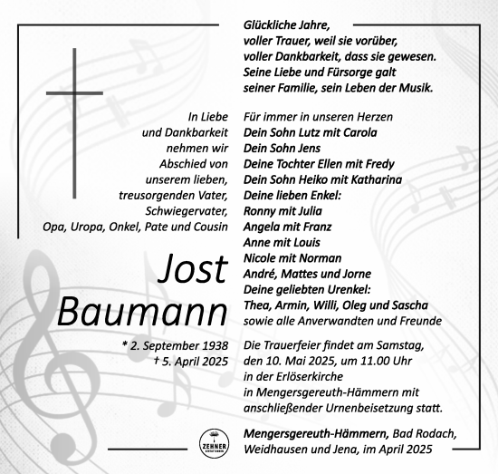 Traueranzeige von Jost Baumann von Südthüringer Presse