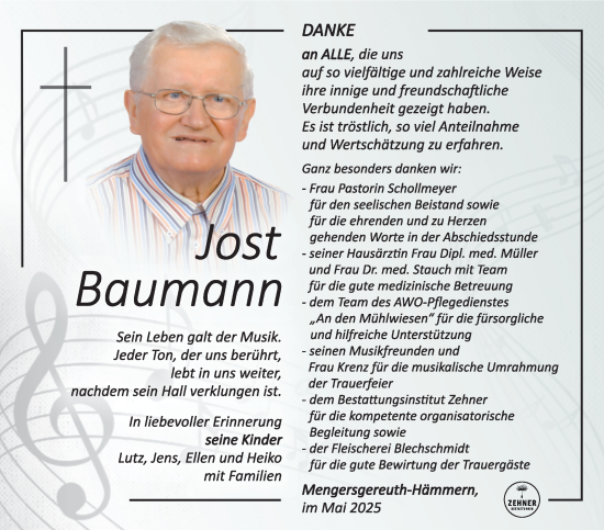 Traueranzeige von Jost Baumann von Südthüringer Presse