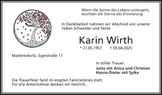 Traueranzeige von Karin Wirth von Frankenpost