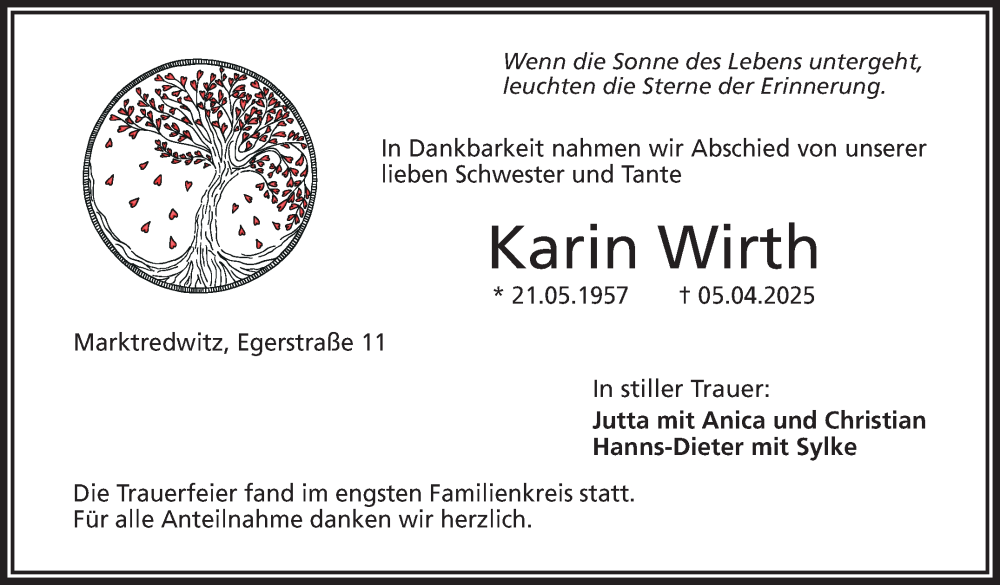  Traueranzeige für Karin Wirth vom 03.05.2025 aus Frankenpost