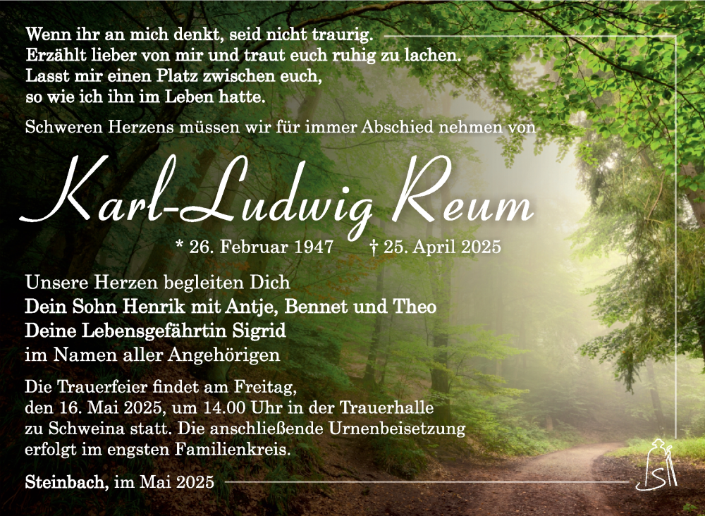  Traueranzeige für Karl-Ludwig Reum vom 10.05.2025 aus Südthüringer Presse